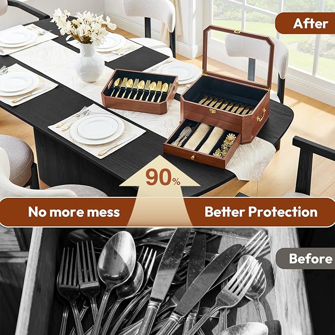 Silverware Storage Box, 3 Layers Wooden Silverware Box without Silverware, Flatware Storage Chest Case with Felt Lined Acrylic Lid and Handle for Kitchen Storing Fine Tableware, Walnut
