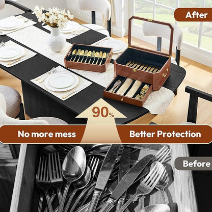 Silverware Storage Box, 3 Layers Wooden Silverware Box without Silverware, Flatware Storage Chest Case with Felt Lined Acrylic Lid and Handle for Kitchen Storing Fine Tableware, Walnut