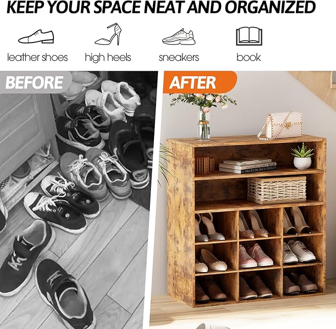 Aenuert 9-Cubby Shoe Rack with 2 Storage Shelf, 3-Tier Wood Shoe Organizer, Multifunctional Shoe Organizer Bench for Entryway, Mudroom, Hallway, Closet, Brown