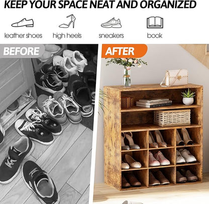 Aenuert 9-Cubby Shoe Rack with 2 Storage Shelf, 3-Tier Wood Shoe Organizer, Multifunctional Shoe Organizer Bench for Entryway, Mudroom, Hallway, Closet, Brown
