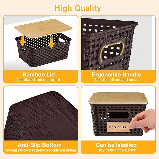 Plastic Storage Baskets with Bamboo Lids and Labels, Stackable Storage Containers, Storage Bins for Organizing Shelves Drawers Desktop Closets Office, 6 Packs-Brown