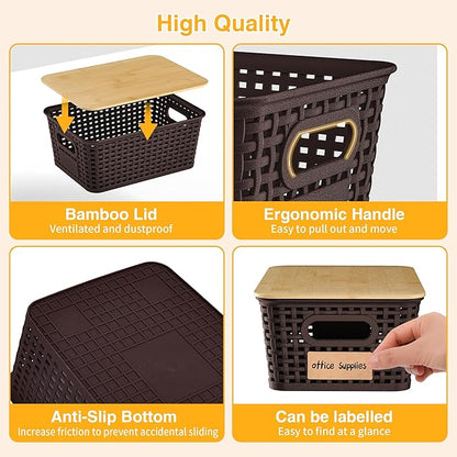 Plastic Storage Baskets with Bamboo Lids and Labels, Stackable Storage Containers, Storage Bins for Organizing Shelves Drawers Desktop Closets Office, 6 Packs-Brown
