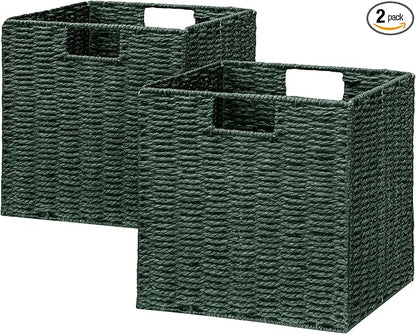 Vagusicc Wicker Storage Basket, Set of 2 Hand-Woven Paper Rope Wicker Basket, Foldable Cube Storage Bins, Square Large Storage Baskets for Organizing Shelves & Decor, Orange (13″×13″×13″)