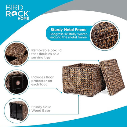 BIRDROCK HOME Storage Cube Box with Lid - Brown Wash Seagrass - Large Hand Woven Floor Container for Blankets Pillows - Sturdy Metal Frame