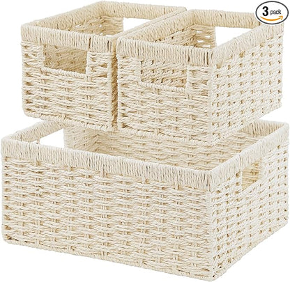 Vagusicc Wicker Storage Basket, Set of 3 Wicker Basket, Hand-Woven Paper Rope Storage Baskets for Organizing, Large Cube Storage Organizer Bins Baskets for Shelves Small Toilet Paper Baskets, Beige