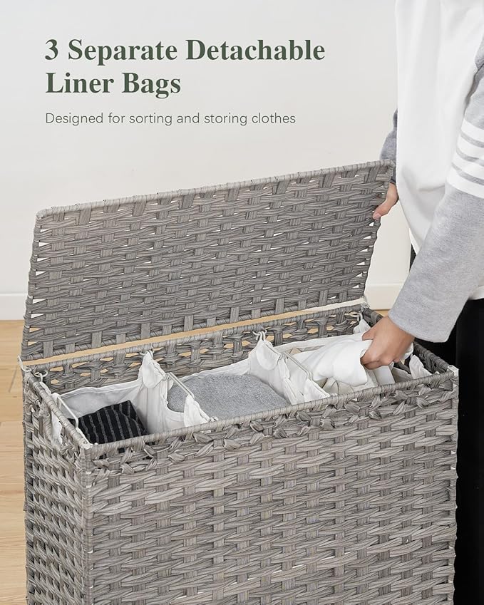 SETVSON Laundry Hamper with Lid 132 L, (35 Gallons) Clothes Hamper with Lid, Handwoven Rattan Laundry Hamper with Metal Heightened Feet, Laundry Hampers with 3 Removable Liner Bags for Laundry-Gray