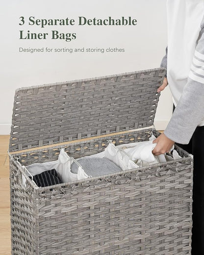 SETVSON Laundry Hamper with Lid 132 L, (35 Gallons) Clothes Hamper with Lid, Handwoven Rattan Laundry Hamper with Metal Heightened Feet, Laundry Hampers with 3 Removable Liner Bags for Laundry-Gray