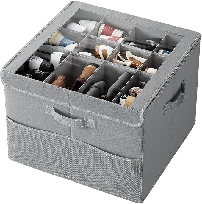 PHINOX Shoe Organizer for Closet, Fits 12-24 Pairs, Shoe Storage Bins with Clear Cover and Reinforced Handles, Foldable Shoe Storage Organizer, Space Saving Shoe Holder for Wardrobe, 1 Pack Gray