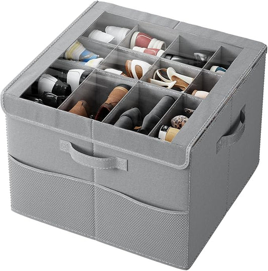 PHINOX Shoe Organizer for Closet, Fits 12-24 Pairs, Shoe Storage Bins with Clear Cover and Reinforced Handles, Foldable Shoe Storage Organizer, Space Saving Shoe Holder for Wardrobe, 1 Pack Gray