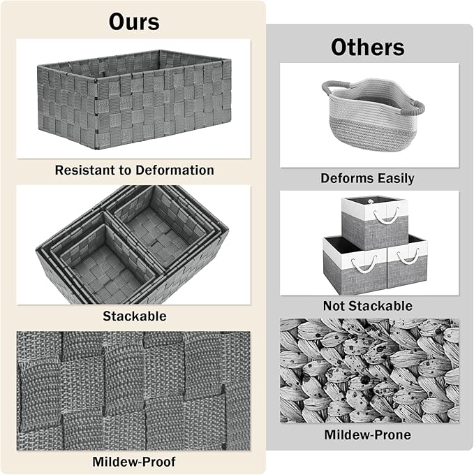 Woven Storage Baskets, Storage Bins, Cube Basket Container Baskets Storage Boxes Organizers for Clothes/Shelves/Closet, Set of 6 (Grey)