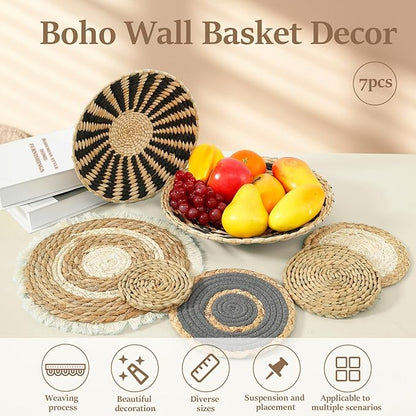 7 Pcs Boho Wall Basket Decor, Rattan Wicker Boho Wall Decor, Hanging Woven Basket Wall Decor, Round Handmade Wall Art for Living Room Bedroom Display Table Settings Home Christmas Decoration (Black)