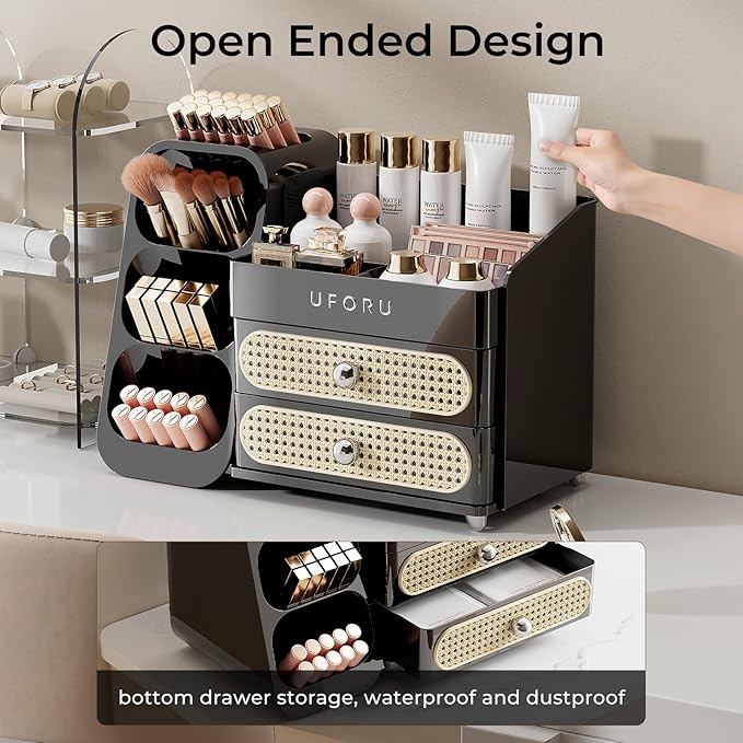 Makeup Organizer for Vanity with Brush Holder, Large Capacity Bathroom Countertop Skincare Organizer with 2 Drawers, Cosmetic Display Case for Perfumes, Eyeshadow Palettes, Nail Polishes