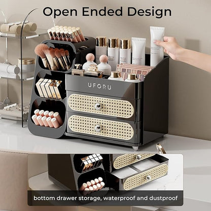 Makeup Organizer for Vanity with Brush Holder, Large Capacity Bathroom Countertop Skincare Organizer with 2 Drawers, Cosmetic Display Case for Perfumes, Eyeshadow Palettes, Nail Polishes