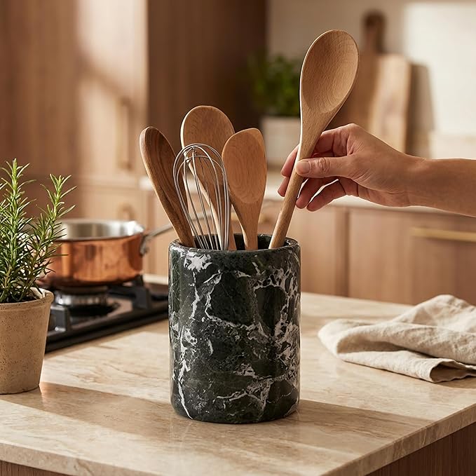 Radicaln Marble Utensil Holder 6.5" Inches Black Handmade Spatula Set for Kitchen Counter, Cooking Utensils Jar & Kitchen Essentials Organizer, Ideal Utensil Caddy & Spoons Holder
