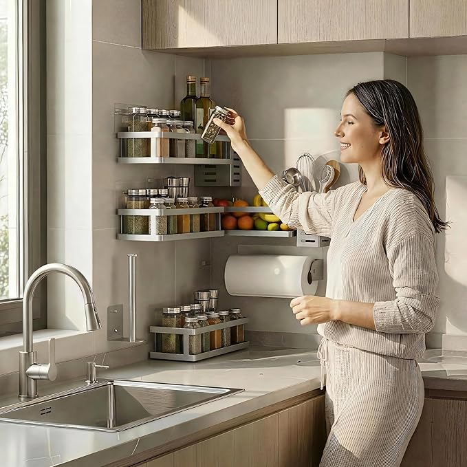 PUSDON 5-in-1 Shower Caddy & Kitchen Organizer Set, Wall Mount Wide Spice Rack with Paper Towel Holder, Utensil Holder, Soap Dish, Rustproof Mesh Baskets Hold 50LBS - Silver Gray, Guardrail
