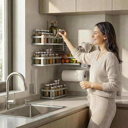PUSDON 5-in-1 Shower Caddy & Kitchen Organizer Set, Wall Mount Wide Spice Rack with Paper Towel Holder, Utensil Holder, Soap Dish, Rustproof Mesh Baskets Hold 50LBS - Silver Gray, Guardrail