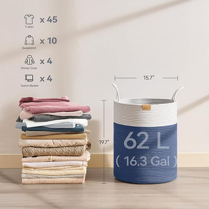 Nunsino Laundry Hamper 62L,Large Laundry Basket for Clothes,Decorative Storage Basket for Blankets,Cotton Rope Woven basket for bedroom,Navy Blue
