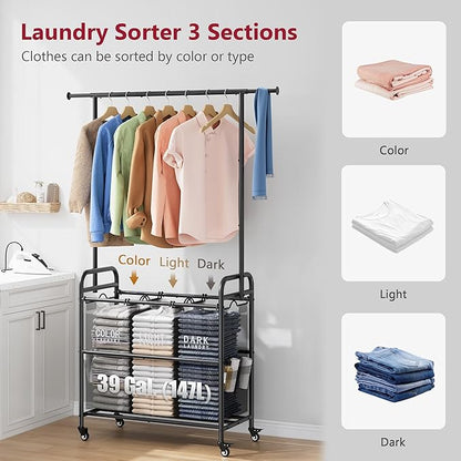 Tajsoon Laundry Sorter Cart with Hanging Rack, Laundry Sorter 3 Section, Laundry Hamper with Heavy Duty Rolling Lockable Wheels, Black