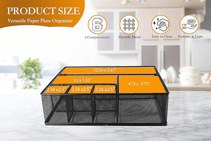 Metal Paper Plate Organizer & Utensil Holder for Countertop, Silverware Caddy Cutlery Flatware Organizer for Plastic Cup Forks Spoon Napkins, Paper Plate Holder for Picnic Camping Party