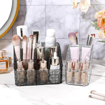 DASITON Makeup Brush Holder Organizer, 4 Slots Acrylic Makeup Brushes Storage Cup, Woven Texture Make Up Brush Holder for Vanity Bathroom Office, Pen Holder for Desk, Cosmetic Display Cases (Grey L)