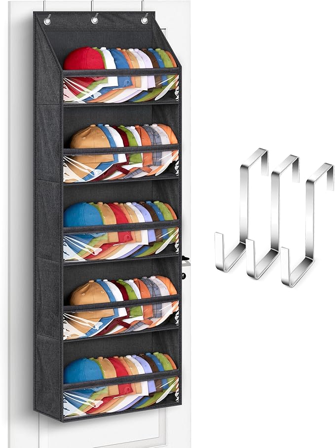 SLEEPING LAMB Over Door Hat Racks for Baseball Caps, Clear Deep Pockets Hat Organizer for Closet or Wall Hold 60 Hats Storage Holder With 3 Hooks Caps Display (Black)