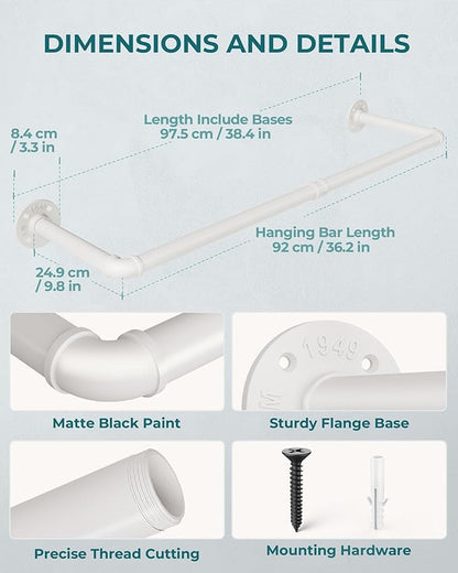 OROPY Industrial Pipe Clothes Rack Wall Mounted Set of 2, 38.4 inches Heavy Duty Iron Pipe Clothing Garment Rail, Multi-Purpose Clothing Hanging Rod for Laundry Room and Closet Storage, White