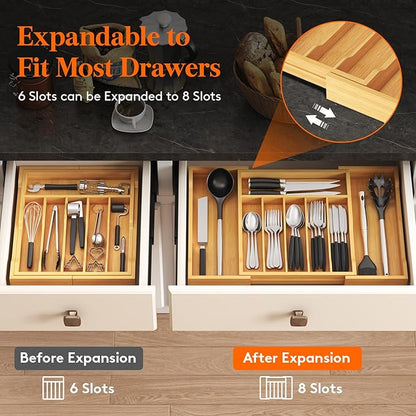 Lifewit Silverware Drawer Organizer, Expandable Utensil Tray for Kitchen, Flatware and Cutlery Holder, Wood Adjustable Storage for Spoons Forks Knives, 13-22x15/ 33-56x38cm, Natural