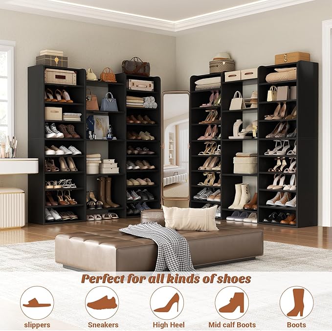 Unikito 14-Tier Shoe Cabinet, Wood Shoe Storage Organizer for Entryway, Freestanding Shoe Rack Cabinet with 22 Open Cubbies for Front Door Entrance, Living Room, Hallway, Bedroom, Black