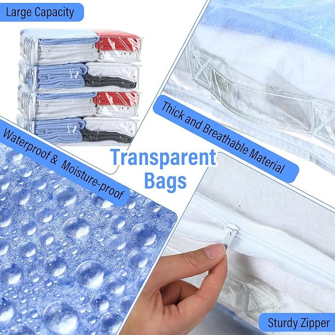 Kenning 20 Pcs Clear Zippered Storage Bags for Sheet Plastic Sweater Bag with Handle and Label Pocket Vinyl Stackable Closet Organizer Moving Bag for Bed Blanket Clothes Pillow(White,18 x 15 x 4 Inch)