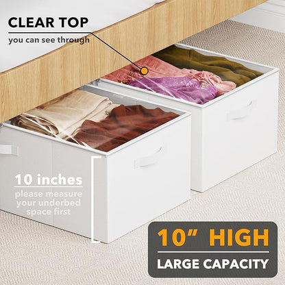 SpaceAid 2 Pack 10" High Under Bed Storage Containers, Large Underbed Storage Organizer Bins with Lids for Bedroom, Dorm, Clothes, Closet Organization, Bed Sheets and Blankets (White)