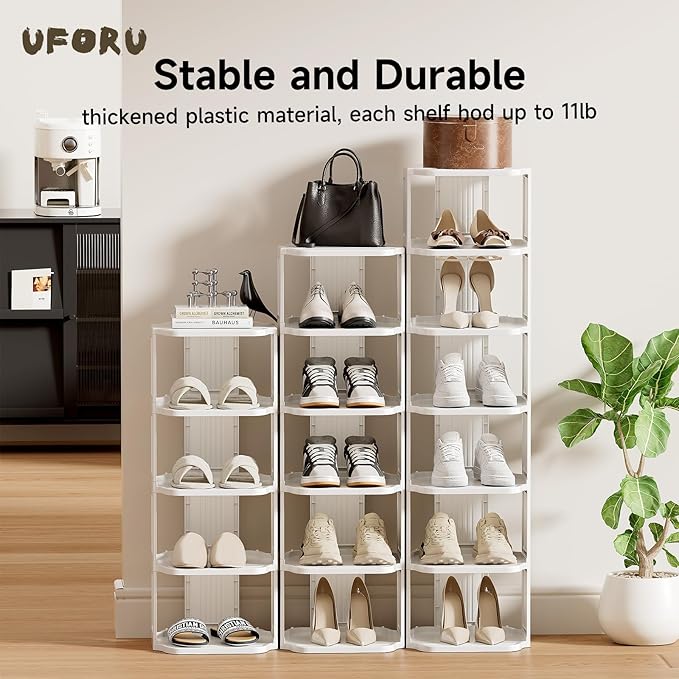 UFORU Vertical Shoe Rack, 6 Tiers Stackable Shoe Rack for Closet, Tall Standing Shoe Organizer, Small Shoe Shelf for Narrow Places Durable Plastic Construction (White)