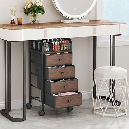 SWTYMIKI Rolling Makeup Organizer Cart - Under Desk Vanity Makeup Storage with 4 Non-woven Drawers, Nail Cart Organizer Cosmetic Display Cases Cabinet for Skin Care Perfume Nail Polish Brush Hair Tool