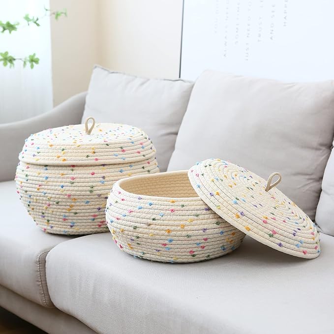 Sea Team Round Cotton Rope Storage Basket with Lid, Colorful Rainbow Pompom Woven Storage Bin, Pot, Caddy, Organizer, Container for Snacks, Towels, Plants, 13 x 9 Inches (Large, Rainbow)