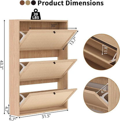 AVZEAR Narrow Shoe Storage Cabinet for Entryway with Natural Linen Panel, Freestanding Slim Shoe Cabinet with 3 Flip Drawers, Wood Shoe Organizer Closed Shoe Rack for Hallway, Living Room(Natural)