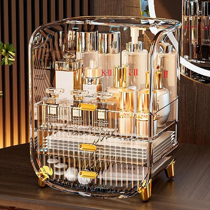 Makeup Organizer, Large Capacity Cosmetics Makeup Organizer for Vanity, Dustproof Waterproof Cosmetics Display Case with Drawers for Skincare, Lipstick, Brushes and Jewelry (Clear)