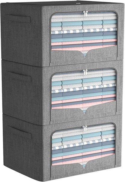 FHSQX 3 Pack Clothes Storage Bins Foldable Metal Frame Storage Box Stackable Linen Fabric Organizer Set with Carrying Handles and Clear Window (Dark Gray, 15.7x11.8x7.8inch(22L))