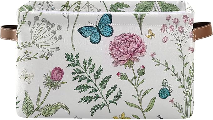 Kigai Herb and Wild Flowers Storage Basket Collapsible Rectangle Storage Bin Shelves Basket Organizer with Leather Handle for Closet, Office, Nursery, Home Decor