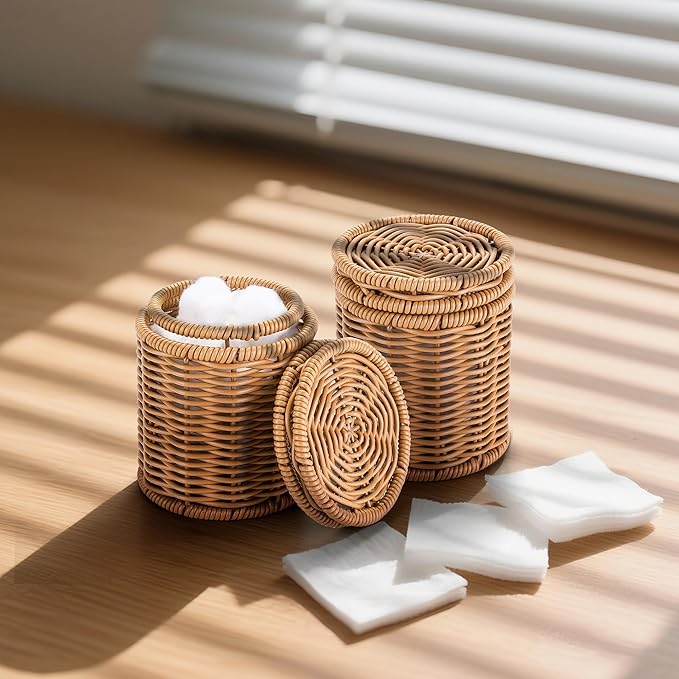 Canister, Cotton Swab Holder with Lid, RattanJars,High Capacity Qtip Holder Storage for Floss Picks,Cotton Swab,Makeup Pad