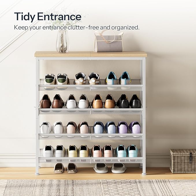 HOOBRO Shoe Rack for Entryway, 5-Tier Shoe Organizer with Adjustable Mesh Shelves, 12-16 Pairs of Shoes, Spacious Floor Mount, Metal, Industrial, Shoe Shelf for Closet, Natural and White WN12XJ01