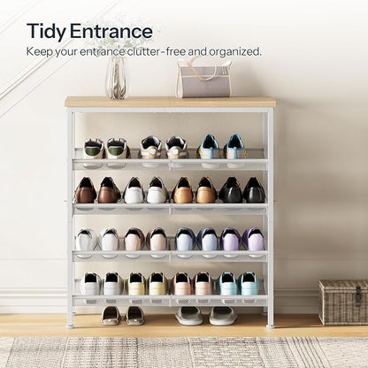 HOOBRO Shoe Rack for Entryway, 5-Tier Shoe Organizer with Adjustable Mesh Shelves, 12-16 Pairs of Shoes, Spacious Floor Mount, Metal, Industrial, Shoe Shelf for Closet, Natural and White WN12XJ01