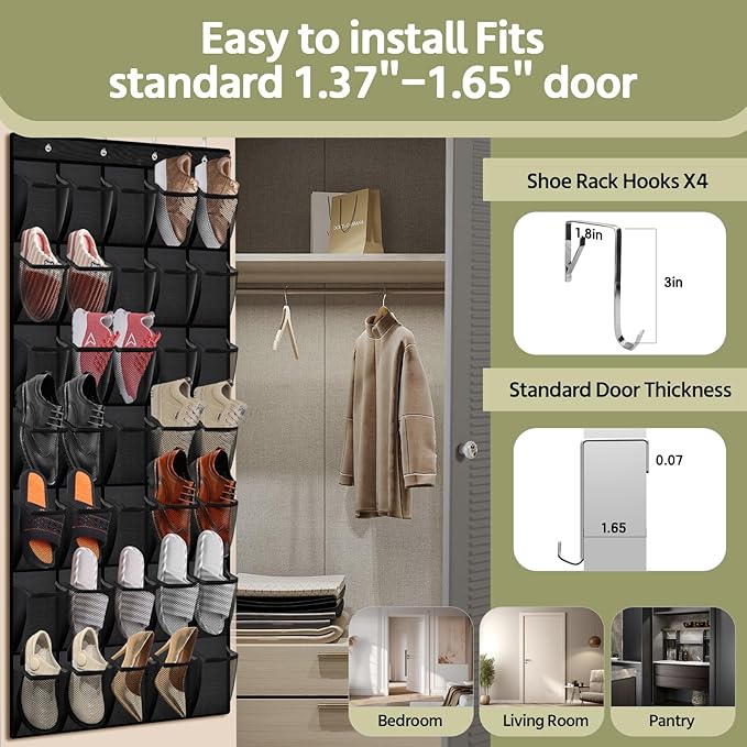 PAULONE 35 Pocket Over the Door Shoe Organizer,Reusable Breathable Large Mesh Bag Men's & Women's Sneaker Organizer,Shoe Organizer for Kids,Hanging Shoe Storage Hanging Bag (Black)
