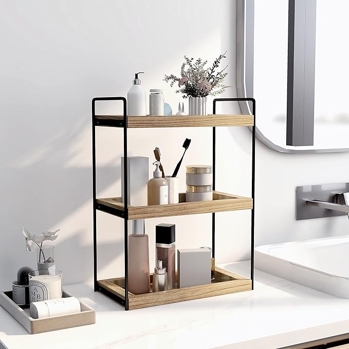 Dorhors 3 Tier Bathroom Counter Organizer,Countertop Bathroom Storage Shelf,Counter Tray and Vanity Organizer (Brown)