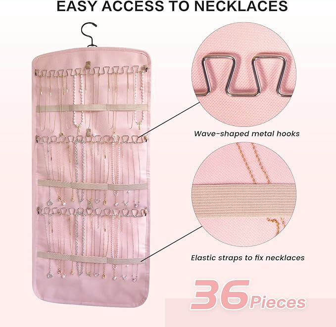 Hanging Jewelry Organizer Doubled-sided with Pockets & Hooks for Rings, Earrings, Necklaces, Hair Accessories Storage Roll, Closet Earring Holder Organizer for Wall, Door, Travel, 1 PCS, Pink