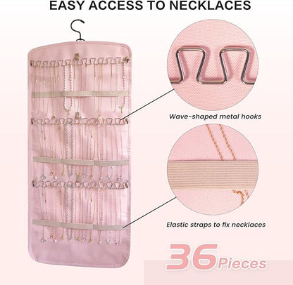 Hanging Jewelry Organizer Doubled-sided with Pockets & Hooks for Rings, Earrings, Necklaces, Hair Accessories Storage Roll, Closet Earring Holder Organizer for Wall, Door, Travel, 1 PCS, Pink