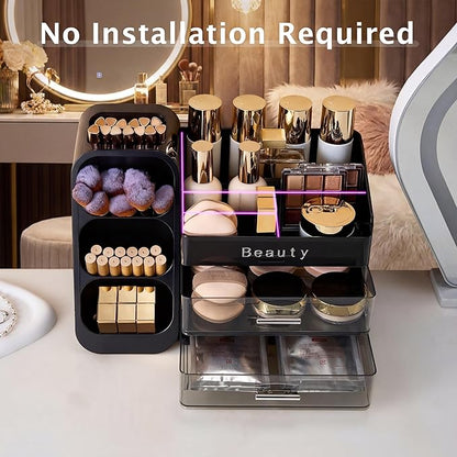 Makeup Organizer for Vanity with Brush Holder, Countertop Makeup organizer with Drawers for Skincare, Cosmetics, Perfumes, Eyeshadow Palettes, Spacious Cosmetic storage organizer