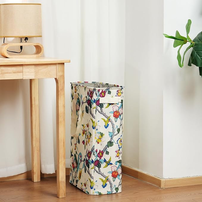 efluky Slim Laundry Basket, Narrow Laundry Hamper with Handles, Collapsible Dirty Clothes Hamper, Tall Laundry Bin for Laundry Room, Dorm and Bedroom, 48L (12.7 Gallon) Floral