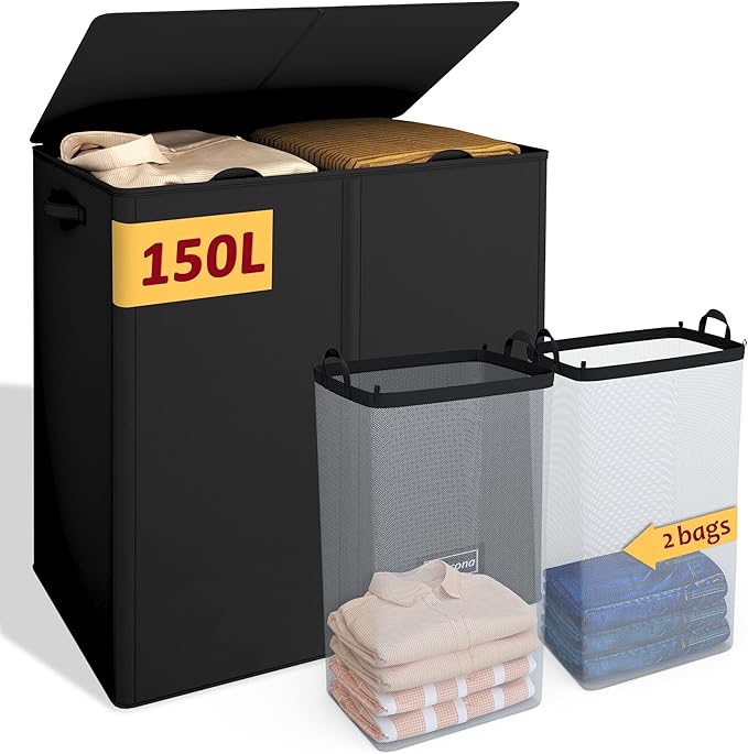 150L Laundry Hamper 2 Section, Large Laundry Hamper with Lid, Dirty Clothes Hamper with 2 Removable Inner Bags, Collapsible Laundry Basket Organizer for for Clothes Toys Towels, Hamper 2 Compartment