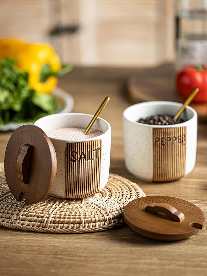 Salt and Pepper Bowl Ceramic, 10 Oz Salt and Pepper Cellar with Lid and Spoon, Farmhouse Salt Containers for Countertop, White