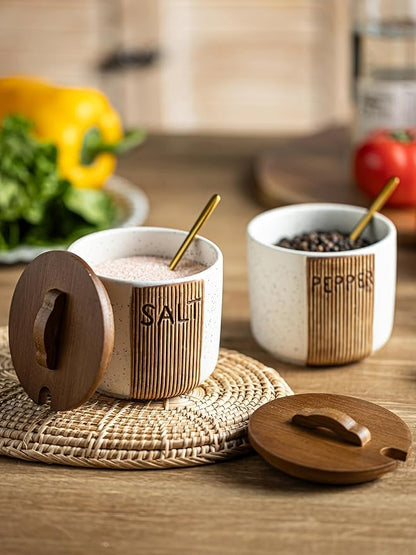 Salt and Pepper Bowl Ceramic, 10 Oz Salt and Pepper Cellar with Lid and Spoon, Farmhouse Salt Containers for Countertop, White