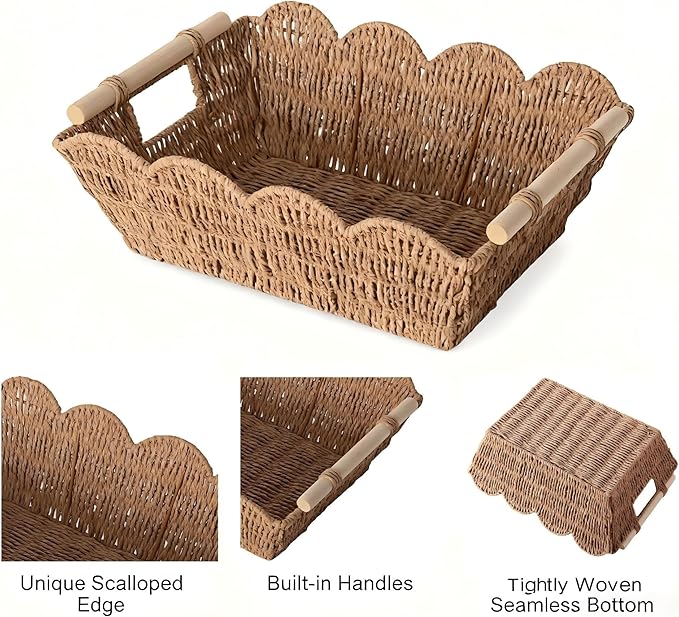 Scalloped Basket with Wooden Handle, Water Hyacinth/Seagrass/Wicker Storage Baskets, Hand Woven Baskets for Shelves,Natural Baskets for Organizing (2)